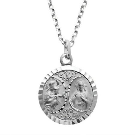 Medalla en Plata de Ley de la Virgen del Carmen con Escapulario tallada a mano con cadena modelo forzada.