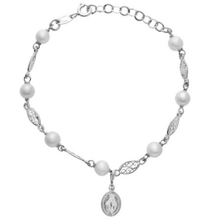 Pulsera en Plata de Ley 925 con perlas intercaladas,eslabones de fantasía y medallita de la Virgen Milagrosa.
