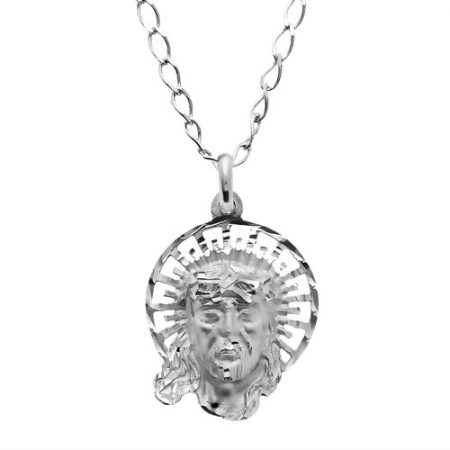 Medalla artesanal en Plata de Ley 925 con cabeza de Cristo y Aureola tallada a mano. Viene con cadena modelo cheval.