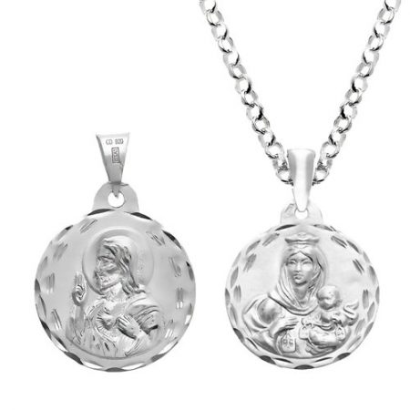 Medalla grande a dos caras de la Virgen del Carmen y el Corazón de Jesús en Plata de Ley 925 tallada a mano con cadena incluida.
