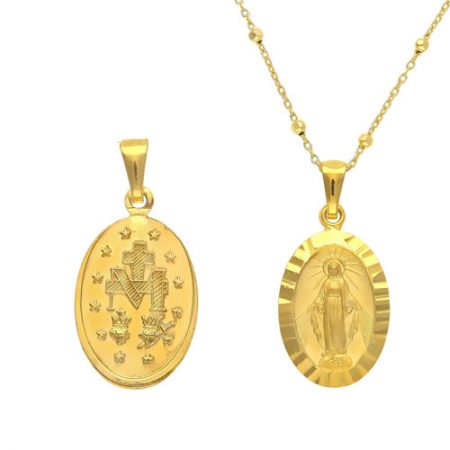 Medalla grande en plata de Ley 925 chapada en oro y tallada a mano de la Virgen Milagrosa con cadena y detalle de bolitas .