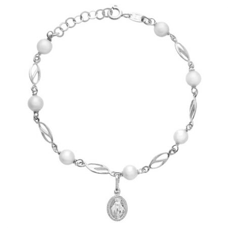 Pulsera en Plata de Ley con perlas intercaladas, eslabones en forma de hoja dividida y medallita de la Virgen Milagrosa.